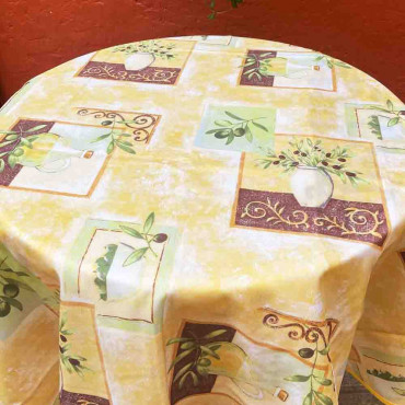 nappe-ronde-provençale-aromates-jaune-olive-huile d'olive-polyester-antitache-infroissable-1m80