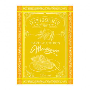 torchon-rectangle-coton-tissé-jacquard-tarte-au citron-meringue-patisserie-jaune