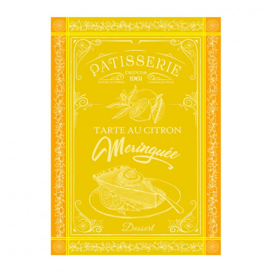 torchon-rectangle-coton-tissé-jacquard-tarte-au citron-meringue-patisserie-jaune