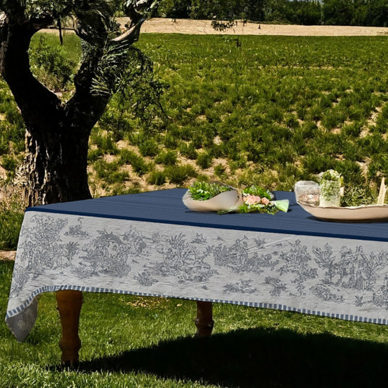 nappe-rectangle-bleu-coton-tissé-jacquard-téflon-toile-de-jouy-bleu-antitache