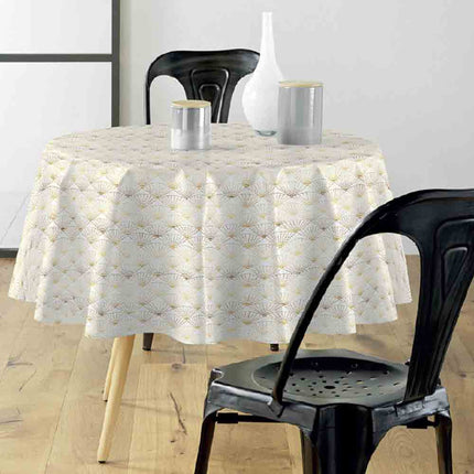 Nappe ronde 180 cm Eventail blanc et or Anti tache et Infroissable