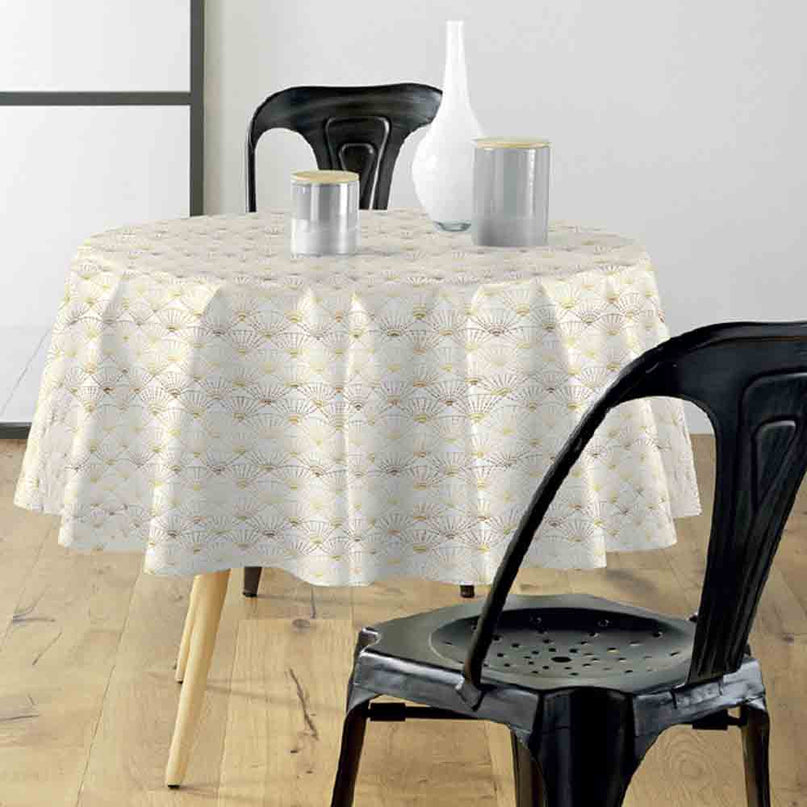 Nappe ronde 180 cm Eventail blanc et or Anti tache et Infroissable