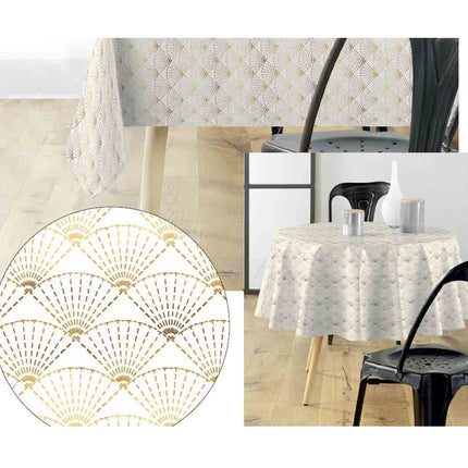 Nappe ronde 180 cm Eventail blanc et or Anti tache et Infroissable