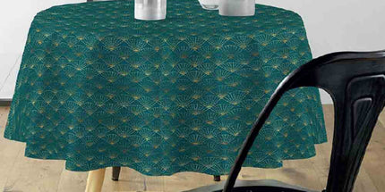 Nappe ronde 180 cm Eventail émeraude et or Anti tache et Infroissable
