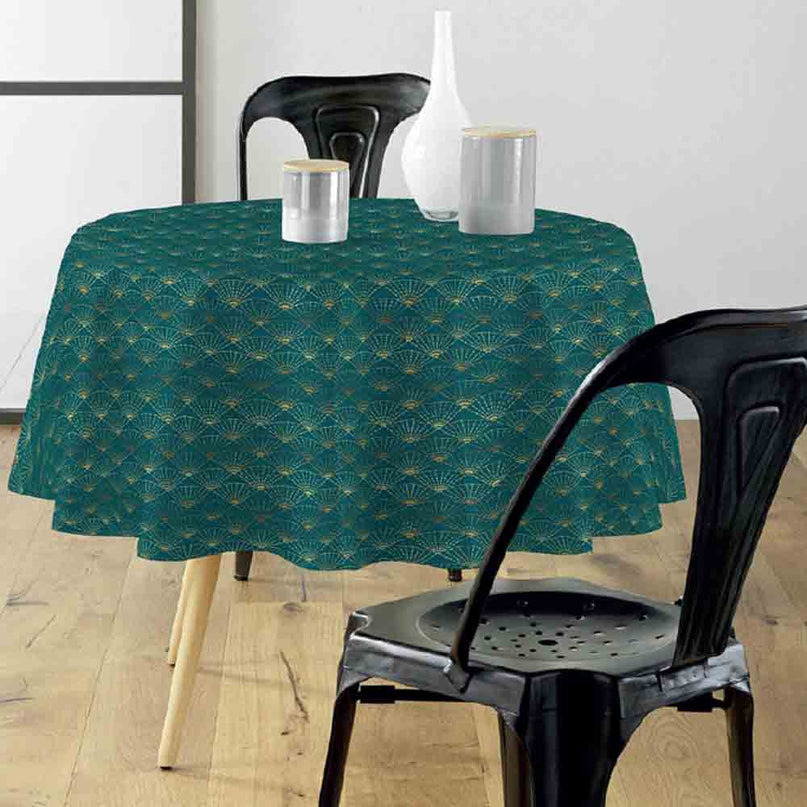 Nappe ronde 180 cm Eventail émeraude et or Anti tache et Infroissable