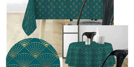 Nappe ronde 180 cm Eventail émeraude et or Anti tache et Infroissable