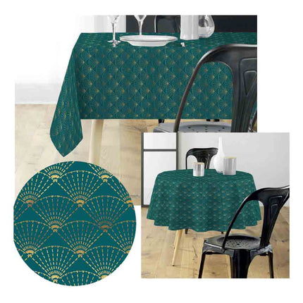 Nappe ronde 180 cm Eventail émeraude et or Anti tache et Infroissable