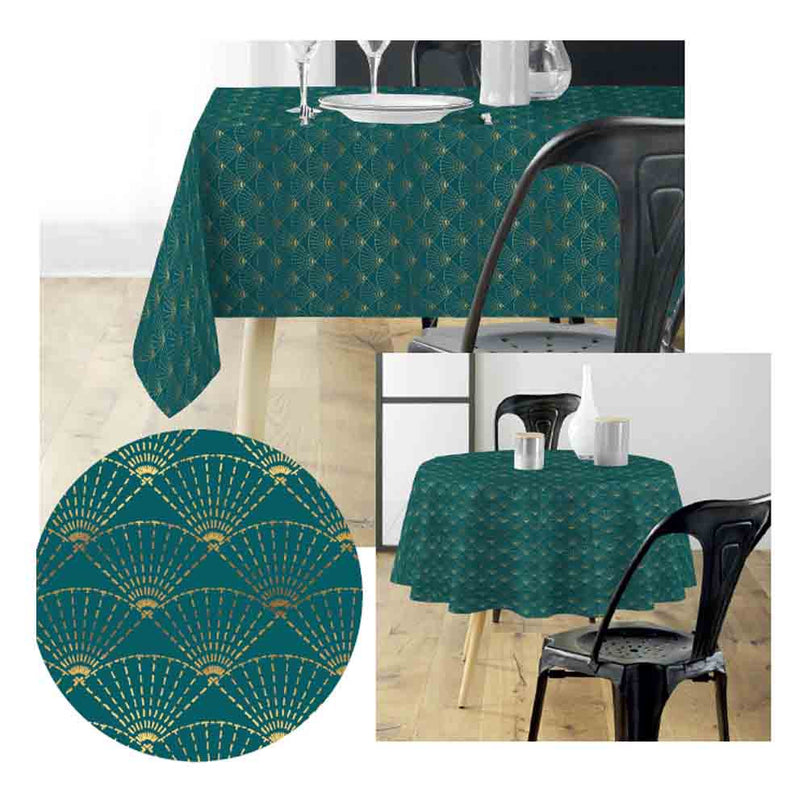 Nappe ronde 180 cm Eventail émeraude et or Anti tache et Infroissable