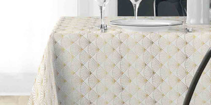 Nappe rectangle 2m40 x 1m50 Eventail blanc et or Anti tache et Infroissable