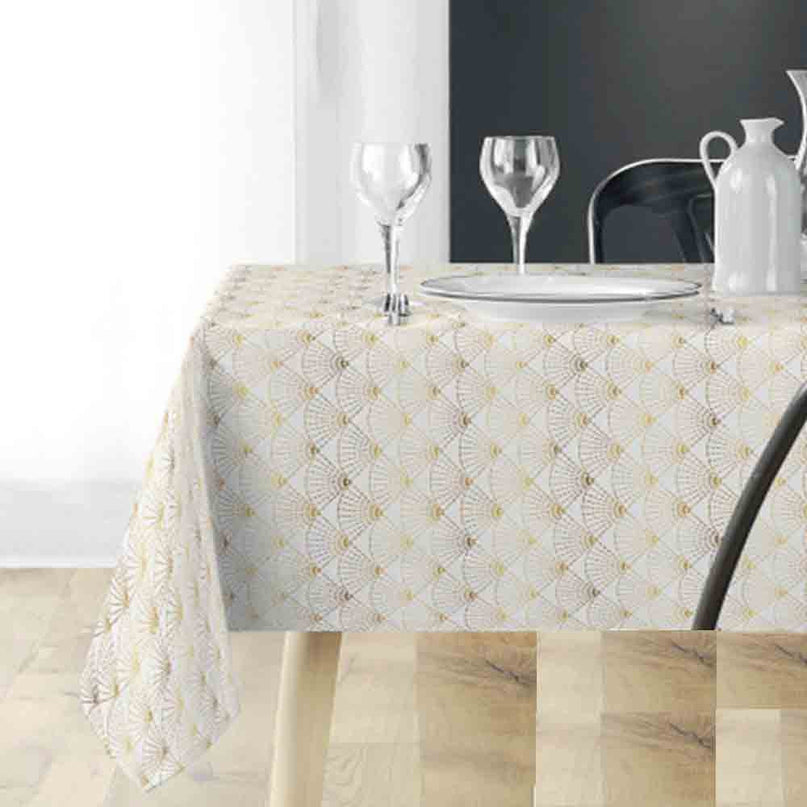 Nappe rectangle 2m40 x 1m50 Eventail blanc et or Anti tache et Infroissable
