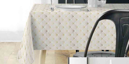 Nappe rectangle 2m40 x 1m50 Eventail blanc et or Anti tache et Infroissable