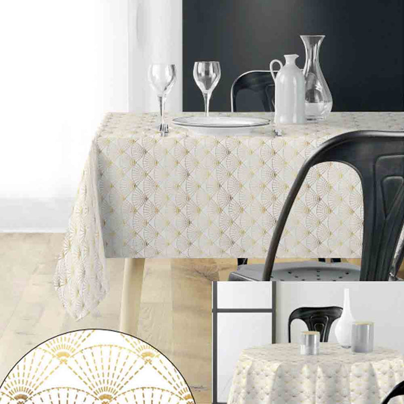 Nappe rectangle 2m40 x 1m50 Eventail blanc et or Anti tache et Infroissable