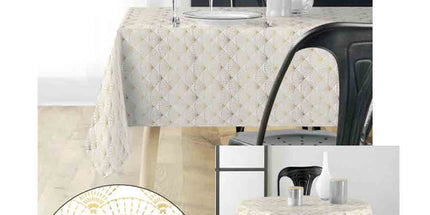 Nappe rectangle 2m40 x 1m50 Eventail blanc et or Anti tache et Infroissable