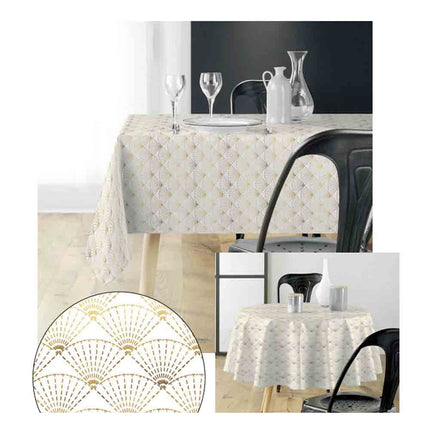 Nappe rectangle 2m40 x 1m50 Eventail blanc et or Anti tache et Infroissable