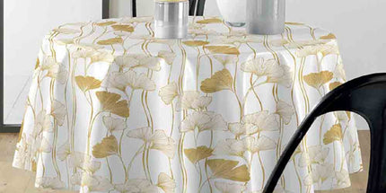 Nappe ronde 180 cm Gingko blanc et or Anti tache et Infroissable