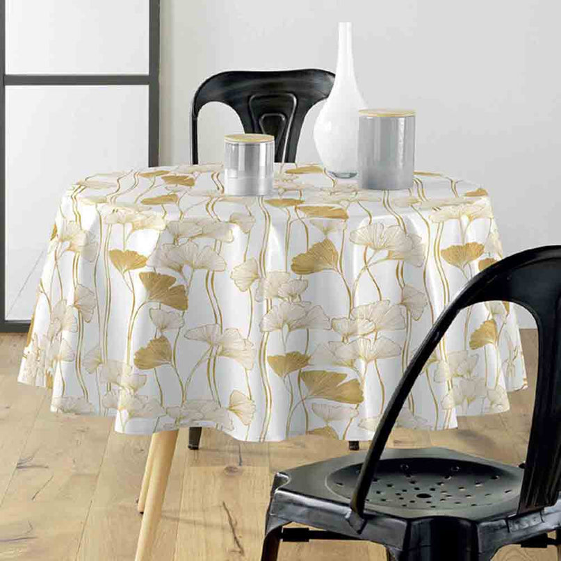 Nappe ronde 180 cm Gingko blanc et or Anti tache et Infroissable