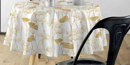 Nappe ronde 180 cm Gingko blanc et or Anti tache et Infroissable