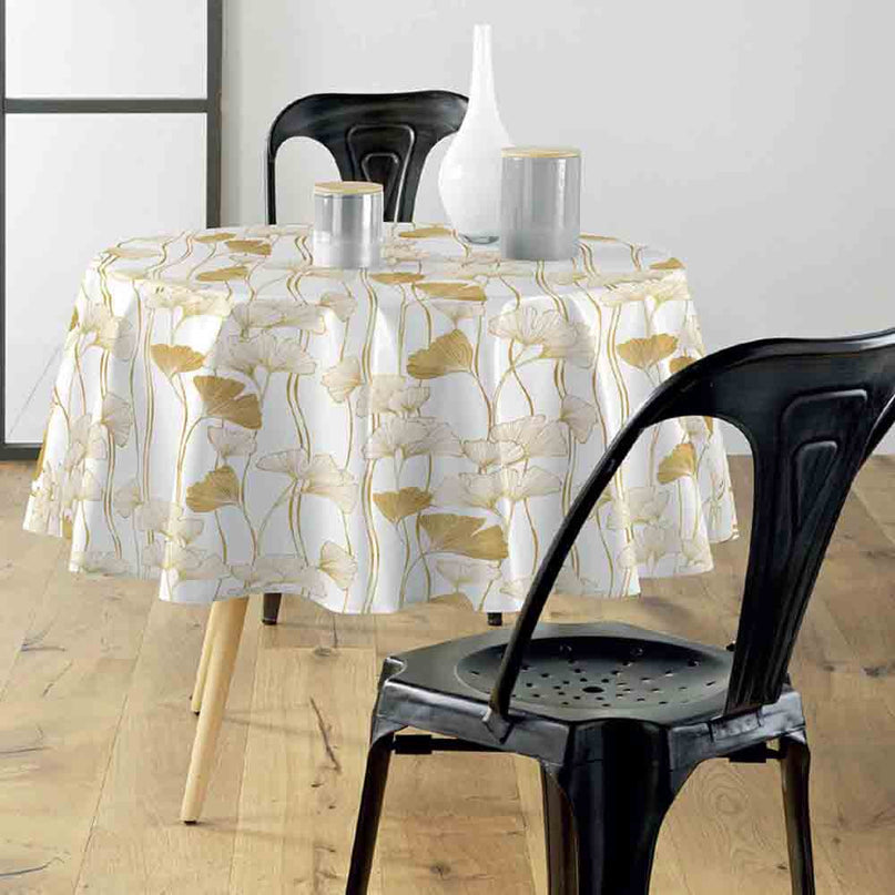 Nappe ronde 180 cm Gingko blanc et or Anti tache et Infroissable