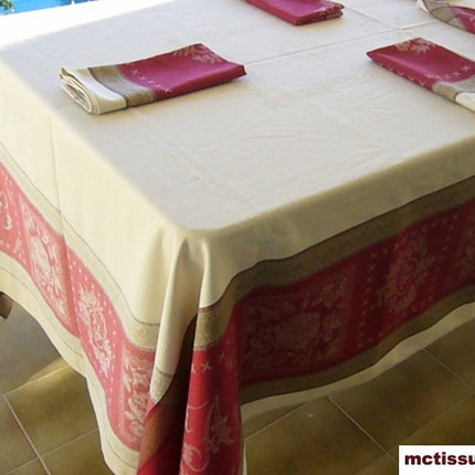 Nappe carrée jacquard 3m/1m60 monogramme écru rouge