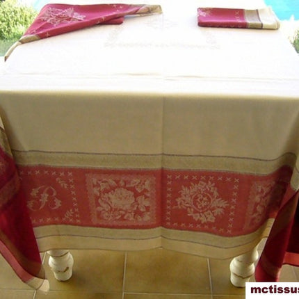 Nappe carrée jacquard 3m/1m60 monogramme écru rouge