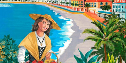 Torchon Décoratif Nice Baie des Anges, Motif Traditionnel Niçois, Coton, 50 x 70 cm