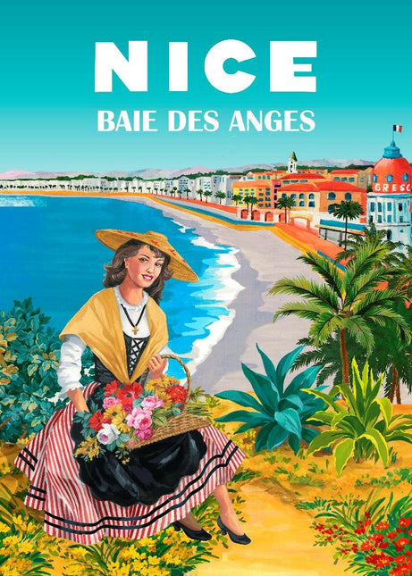 Torchon Décoratif Nice Baie des Anges, Motif Traditionnel Niçois, Coton, 50 x 70 cm