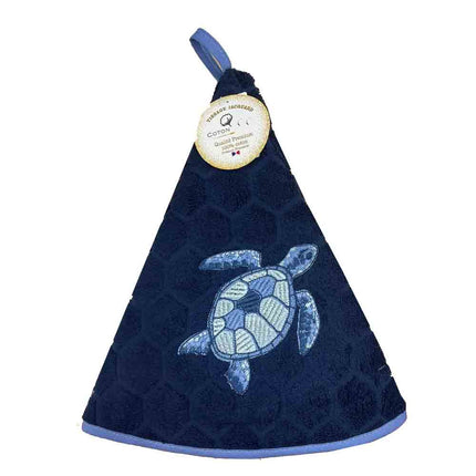 Essuie main rond en éponge Tissage Jacquard Tortue bleu Marine Qualité Premium