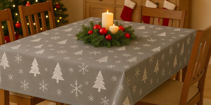 Nappe Flocon et Sapin gris argent Noel 2m40 x 1m50 anti tache infroissable