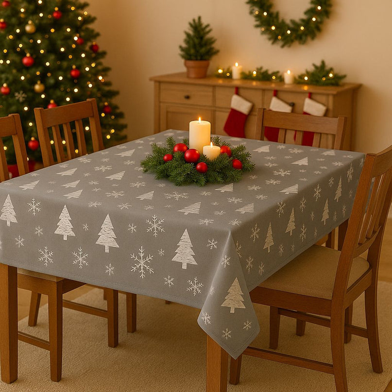 Nappe Flocon et Sapin gris argent Noel 2m40 x 1m50 anti tache infroissable
