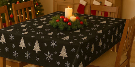 Nappe Flocon et Sapin noir argent Noel 2m40 x 1m50 anti tache infroissable