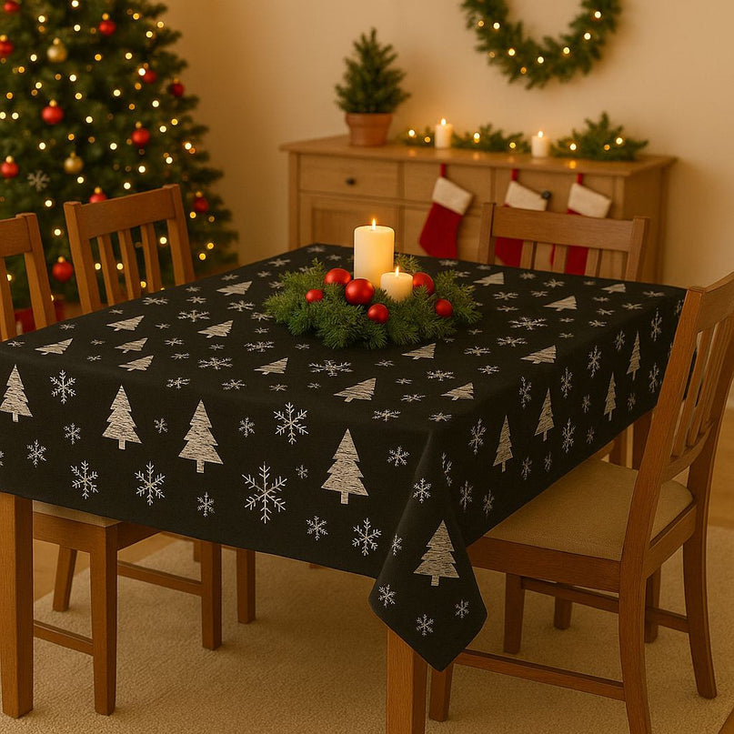 Nappe Flocon et Sapin noir argent Noel 2m40 x 1m50 anti tache infroissable