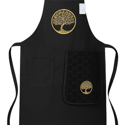 Tablier brodé arbre de vie noir avec essuie main intégré coton