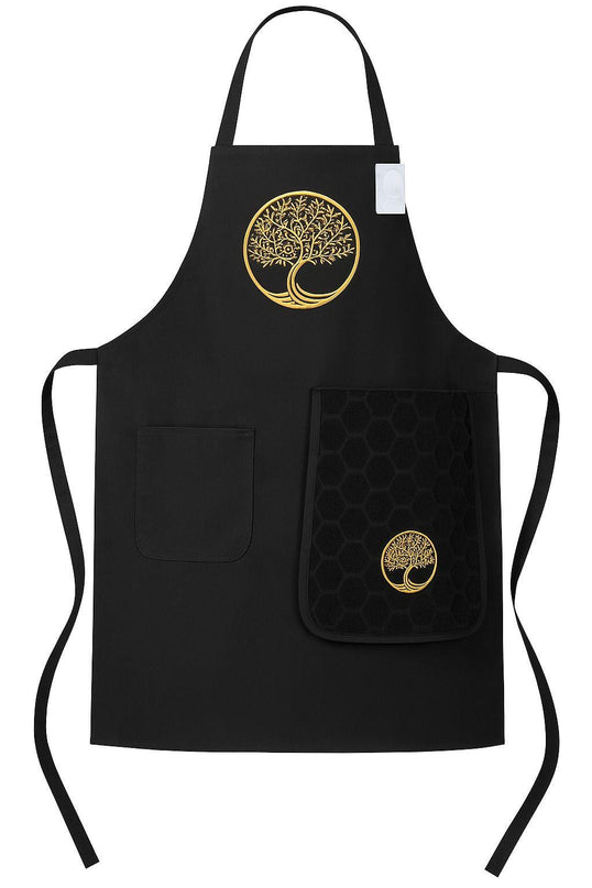 Tablier brodé arbre de vie noir avec essuie main intégré coton