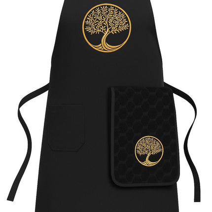 Tablier brodé arbre de vie noir avec essuie main intégré coton