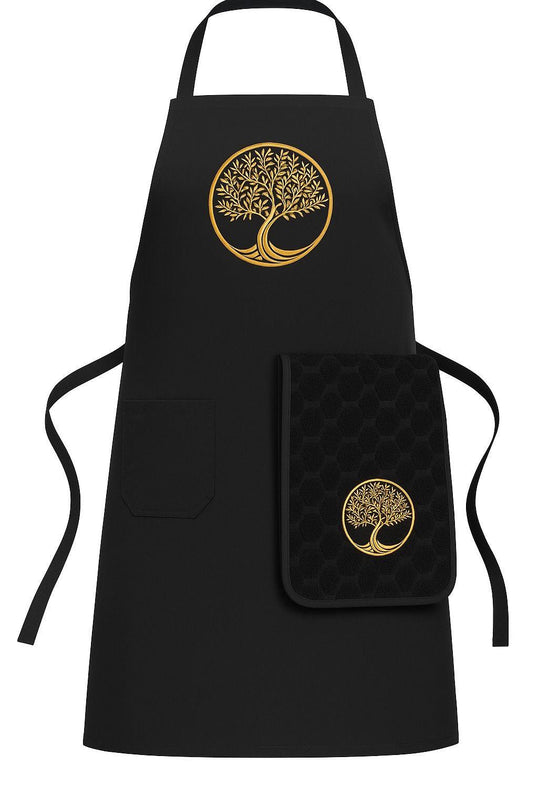 Tablier brodé arbre de vie noir avec essuie main intégré coton
