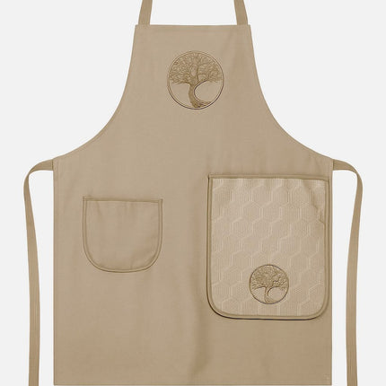Tablier brodé arbre de vie beige avec essuie main intégré coton