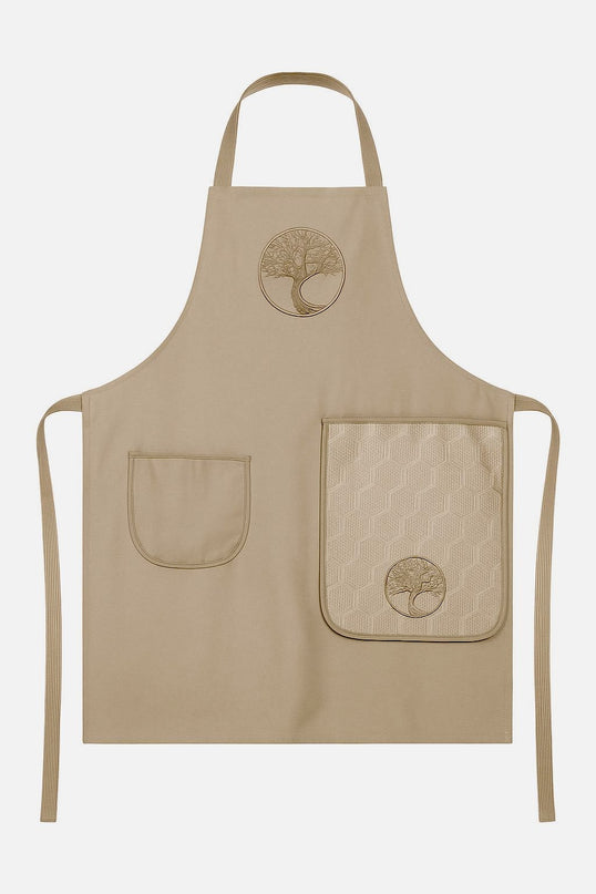 Tablier brodé arbre de vie beige avec essuie main intégré coton