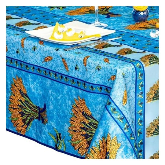 Nappe carrée 150 x 150 cm anti-tache infroissable – Bouquet de blé bleu