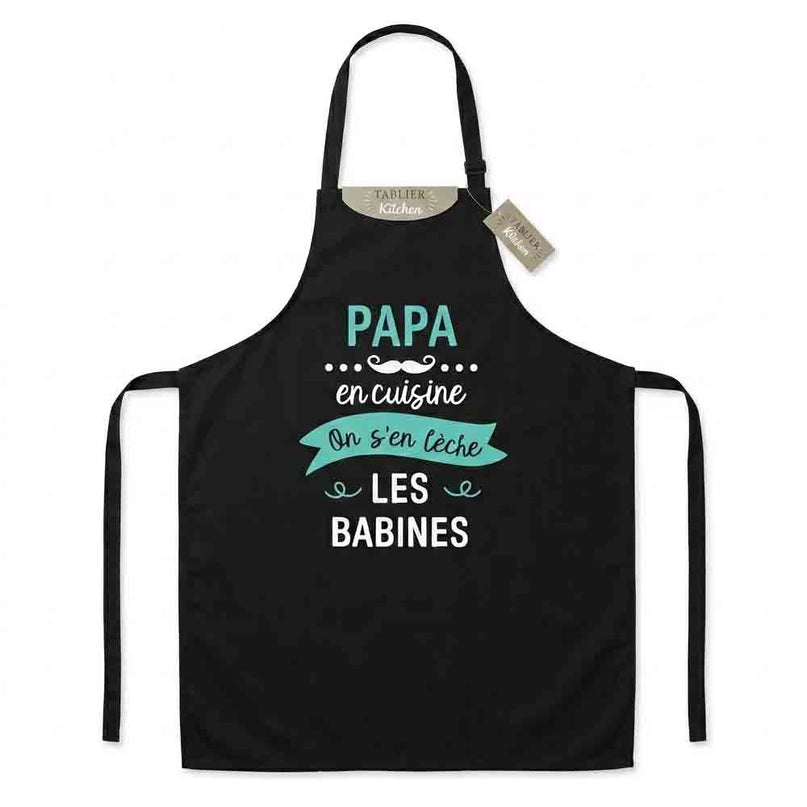 Tablier Humoristique coton noir- Papa en cuisine, on s'en lèche les babines