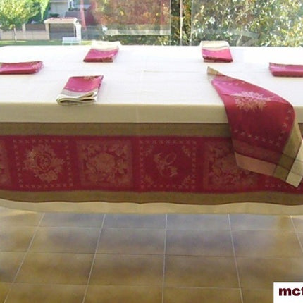 Nappe coton tissé jacquard traité téflon monogramme écru rouge  2m50/1m60
