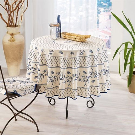 Nappe ronde anti tache infroissable olive Cigale écru bleu 1m80