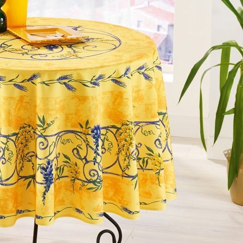 Nappe ronde anti tache sans repassage Glycine et Lavande jaune 1m80