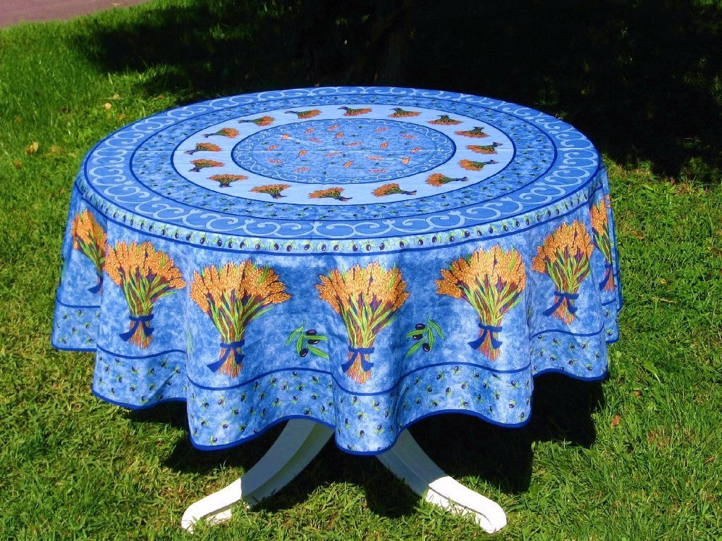 Nappe ronde 1m80  Olive et Blé bleu anti tache infroissable
