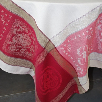 Nappe jacquard traitée téflon 2m/1m60 monogramme écru rouge