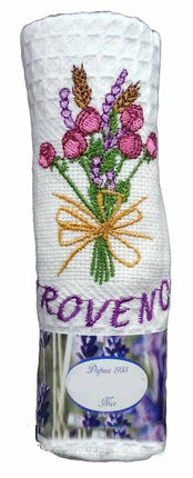 Torchon nid d'abeille rose et lavande blanc