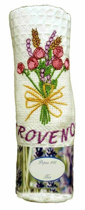 Torchon nid d'abeille rose et lavande écru