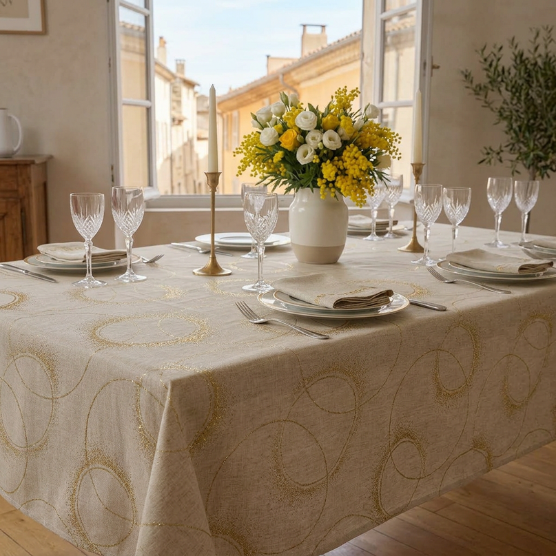 Nappe rectangulaire Rondine naturel à motifs dorés 240 x 150 cm Antitache infroissable