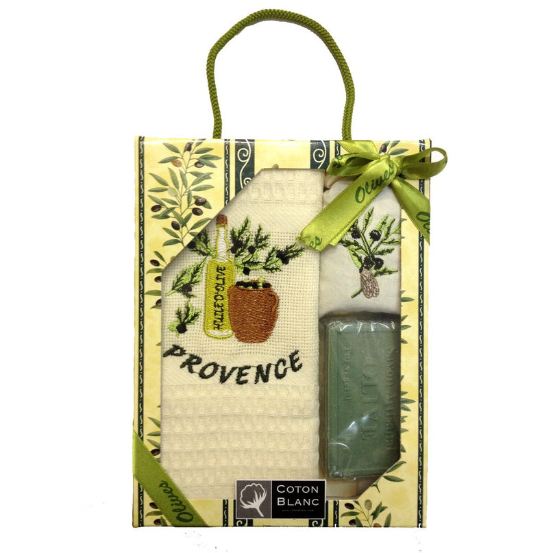 Coffret Torchon écru brodé huile d'olive coton nid d'abeille  et savon et sachet de lavande