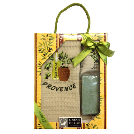 Coffret Torchon beige brodé huile d'olive coton nid d'abeille  et savon et sachet de lavande