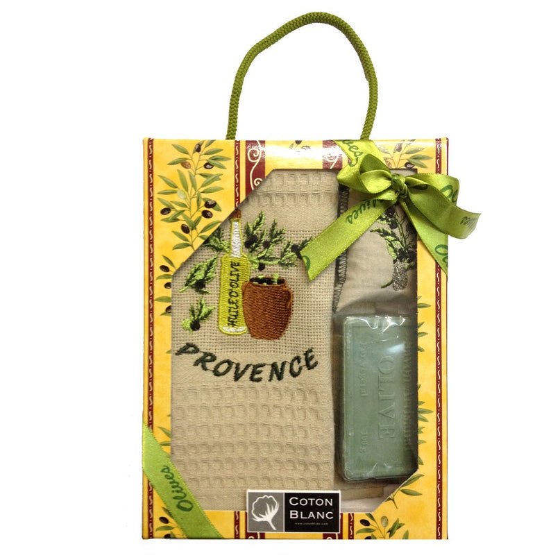 Coffret Torchon beige brodé huile d'olive coton nid d'abeille  et savon et sachet de lavande